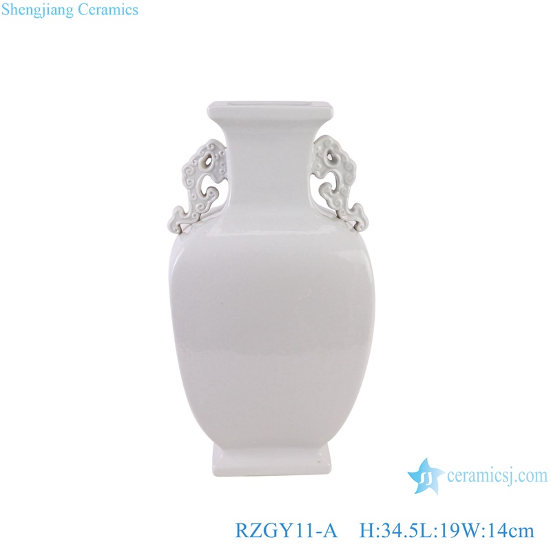 White color Four sides Shape flat belly Carved Ears Decorative Porcelain Flower vase