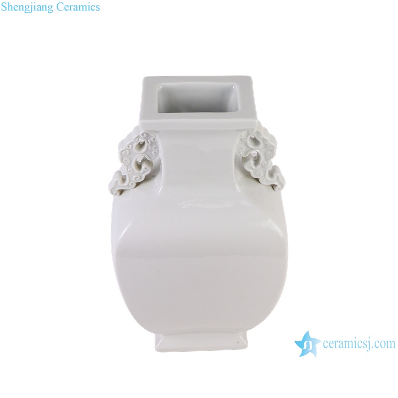 RZGY11-A White color Four sides Shape flat belly Carved Ears Decorative Porcelain Flower vase
