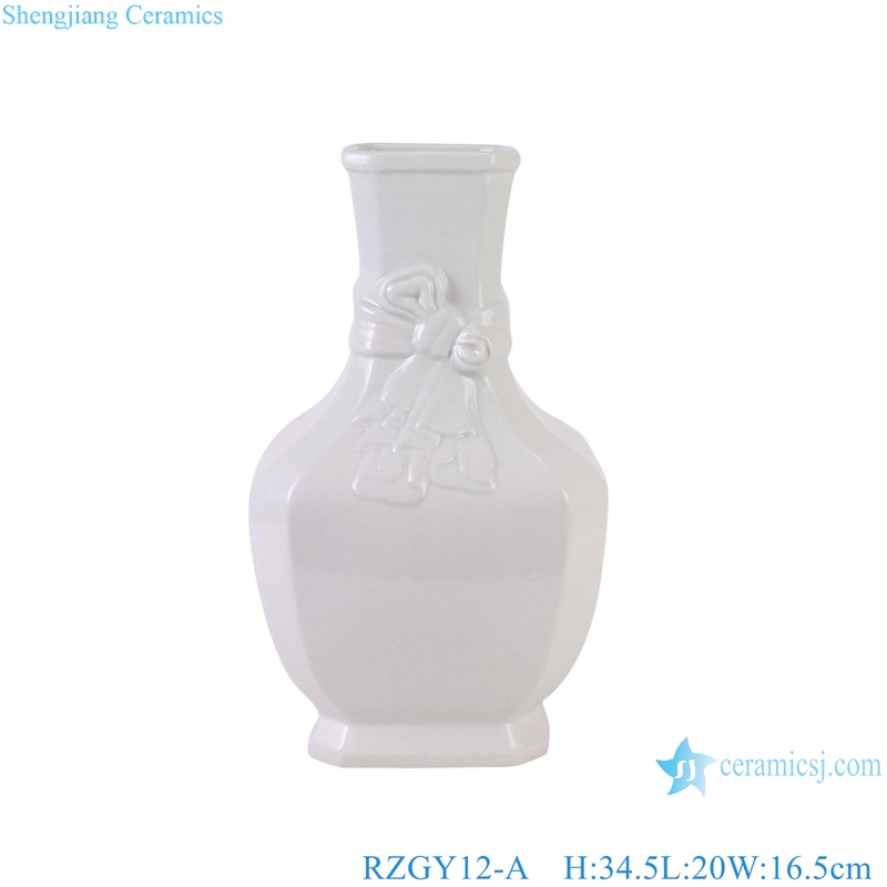 White Color Glazed Chinese Bowknot Decorative Porcelain Globular Flower vase