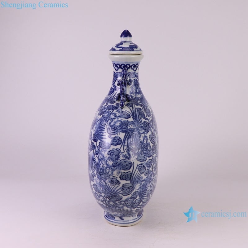 RZKJ09-B Jingdezhen hand painted blue and white crane pattern moon flask bottle porcelain vase