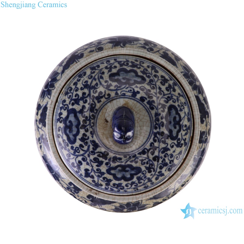 RZLP02-A Antique Twisted flower Patten Blue and white porcelain gourd Shape Lidded rice jar