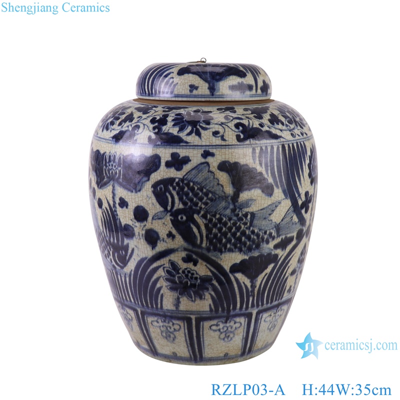 blue and white Porcelain Antique Design Lines and patterns Wax gourd Shape Flat Lidded Jars Storage Pot