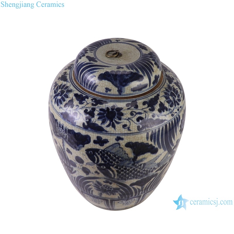 RZLP03-A blue and white Porcelain Antique Design Lines and patterns Wax gourd Shape Flat Lidded Jars Storage Pot