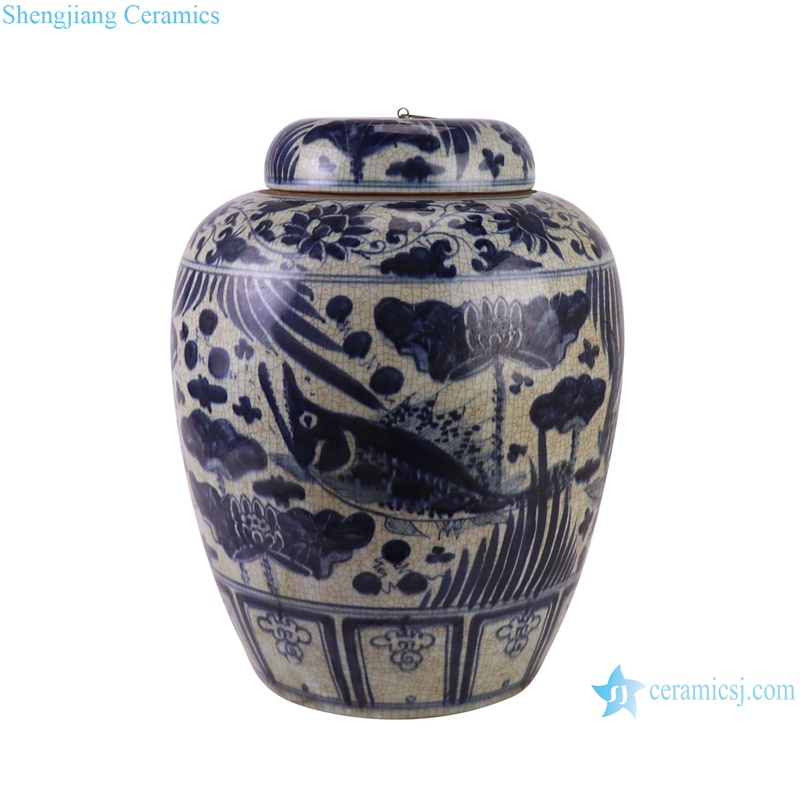 RZLP03-A blue and white Porcelain Antique Design Lines and patterns Wax gourd Shape Flat Lidded Jars Storage Pot