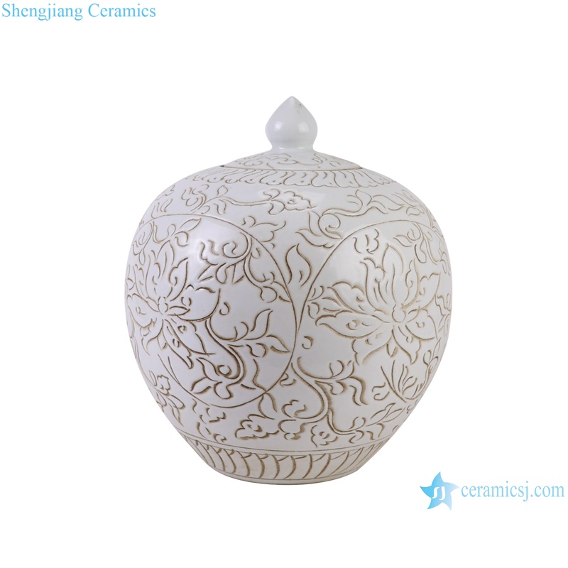RZOY19-B White Color Twsited flower carved porcelain watermelon shape belly lidded Jars