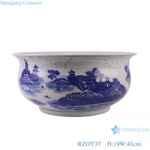 RZOY37 Blue and White Porcelain Handpainted Landscape Chinese parasol Trees Ceramic Pot Planter