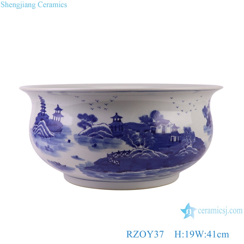 Blue and White Porcelain Handpainted Landscape Chinese parasol Trees Ceramic Pot Planter