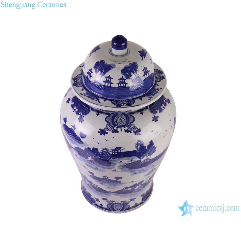 RZOY40 Jingdezhen Blue and White Porcelain Landscape Pattern Porcelain Lidded Ginger Jars
