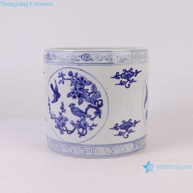 RZPI85 blue and white open window flower and bird pattern ceramic pen holder