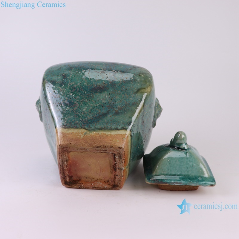 RZSP57 Green lion head square shape ceramic ginger jar