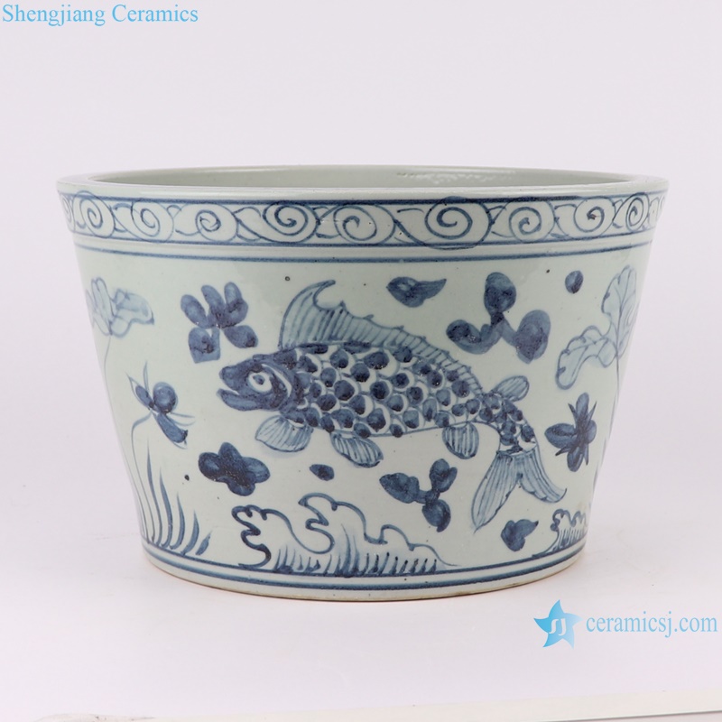 RZSX59-B-C Blue and White Porcelain Fish Lines and patterns Twisted flower Pattern Design Ceramic Flower Pot Big Bowl