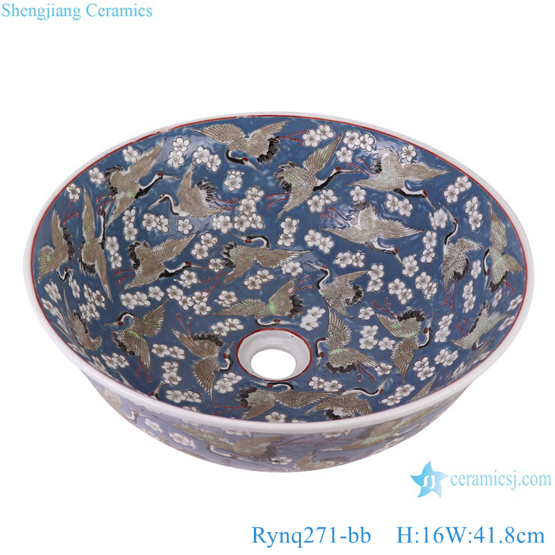 Carved Design Porcelain Crane pattern Bowl Bathroom sink Hotel wash basin