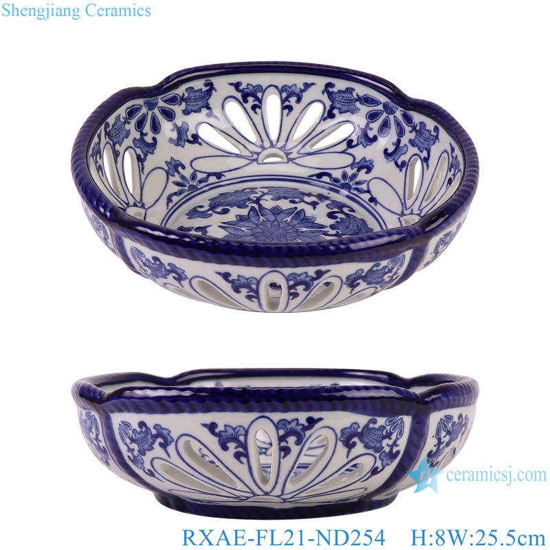 RXAE-FL21-ND254 blue and white flower pattern hollow ceramic fruit bowls