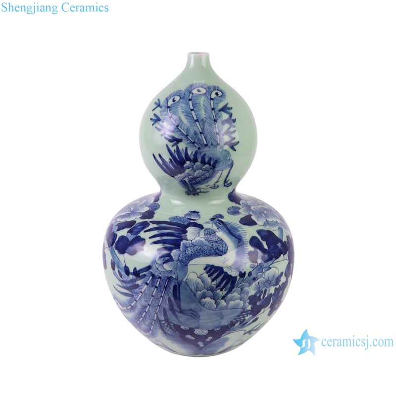 RXBB01-A-B Blue and White Cyan Color Glazed Lion, Phoenix, flower and Bird Pattern Gourd Porcelain Tabletop Flower Vase
