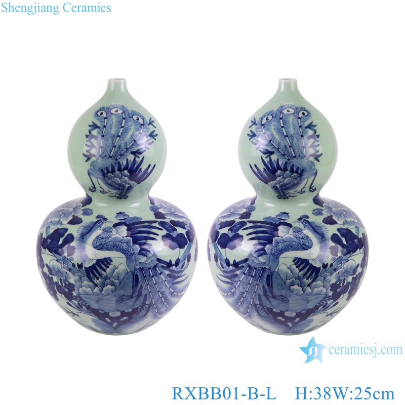 RXBB01-A-B Blue and White Cyan Color Glazed Lion, Phoenix, flower and Bird Pattern Gourd Porcelain Tabletop Flower Vase