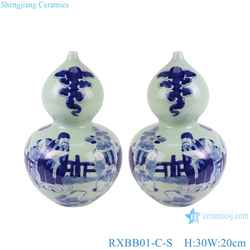 Blue and White Porcelain Cyan Color Character Design Gourd shape Tabletop Ceramic Flower Vase