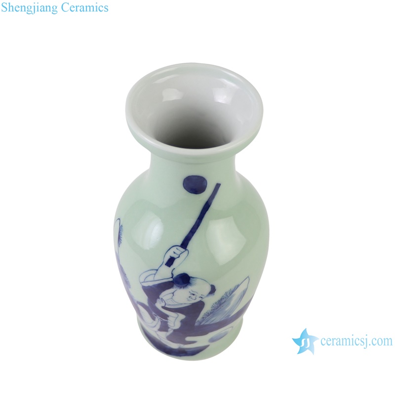 Blue and White Porcelain Cyan Color Glazed Baby Playing Ceramic Decorative Fishtail bottle Tabletop Vase
