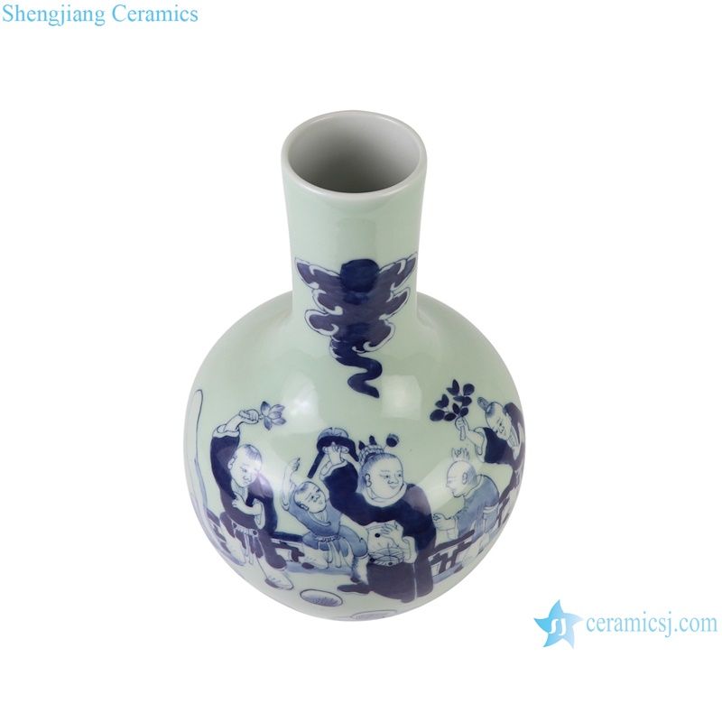 Blue and White Porcelain Cyan Color Glazed Baby Playing Ceramic Globular Vase