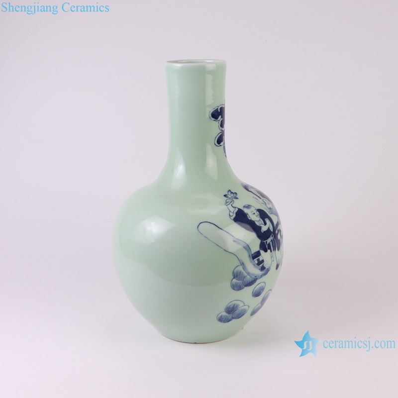 RXBB03-A Blue and White Porcelain Cyan Color Glazed Baby Playing Ceramic Globular Vase