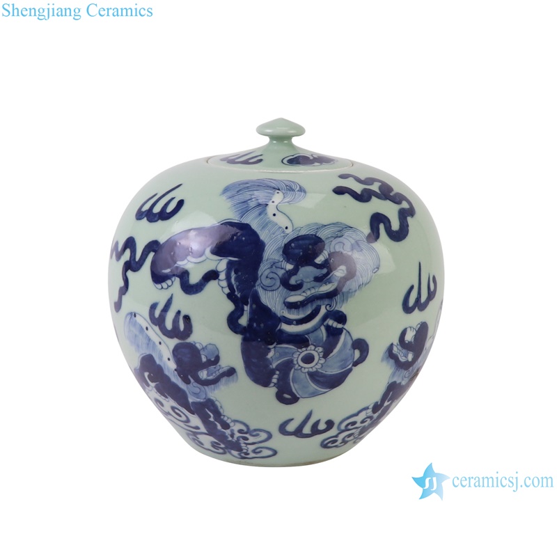 Blue and white Porcelain Cyan Color Glazed Lion Design watermelon flat belly Ceramic Decorative flower vase