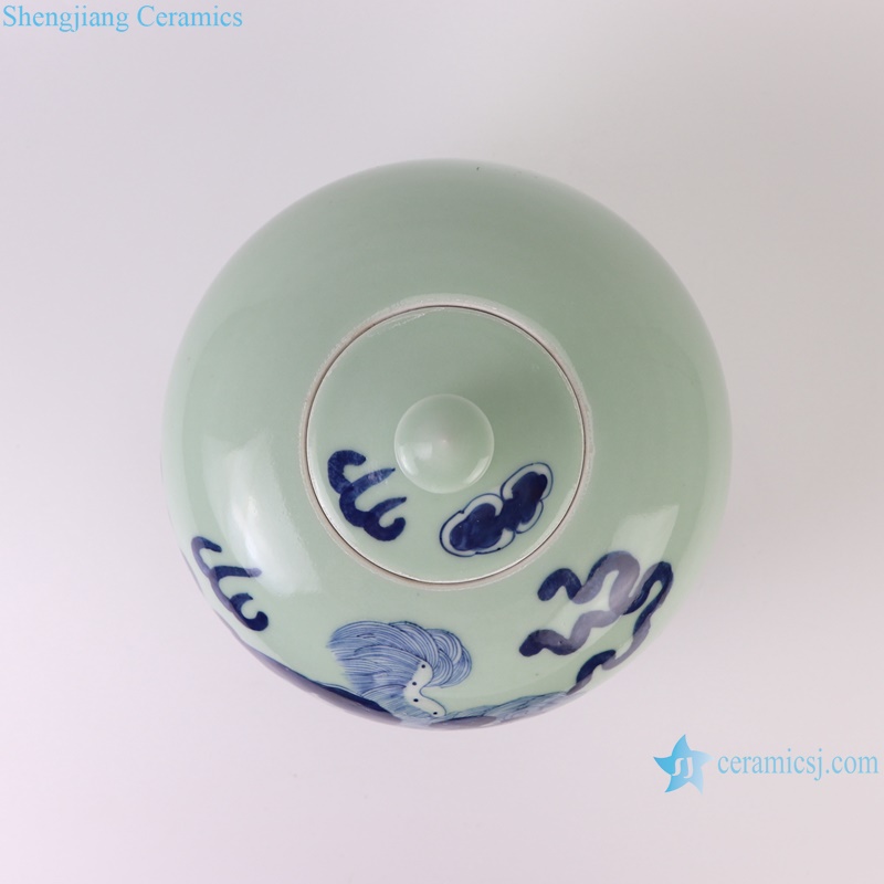 RXBB04-A Blue and white Porcelain Cyan Color Glazed Lion Design watermelon flat belly Ceramic Decorative flower vase