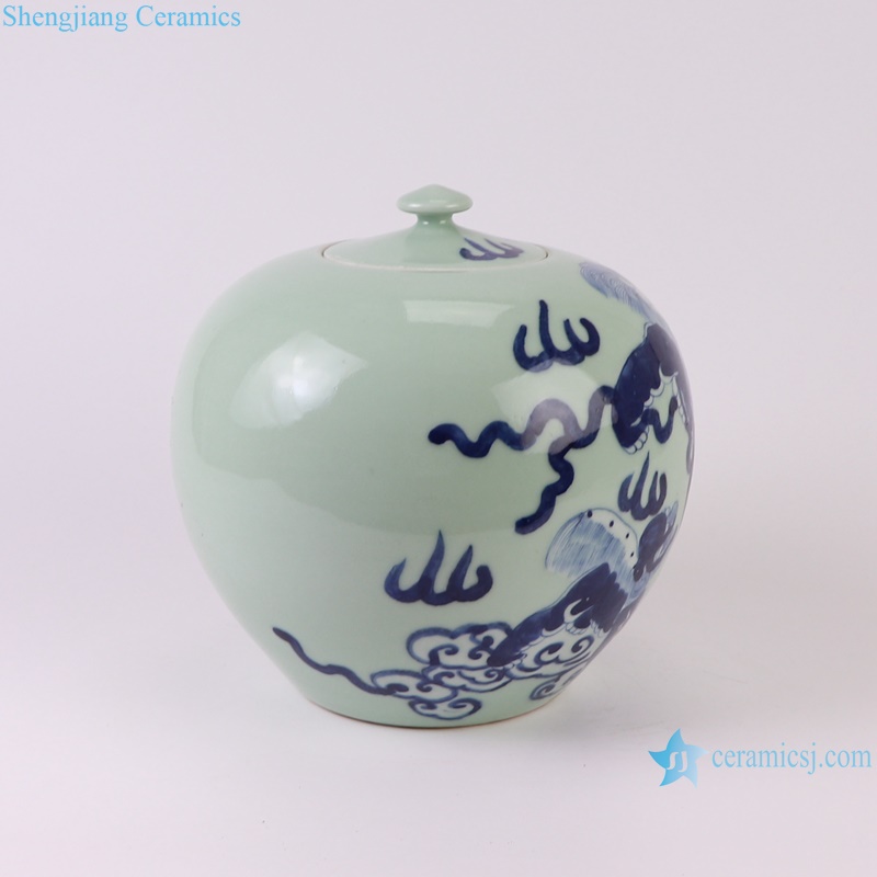 RXBB04-A Blue and white Porcelain Cyan Color Glazed Lion Design watermelon flat belly Ceramic Decorative flower vase