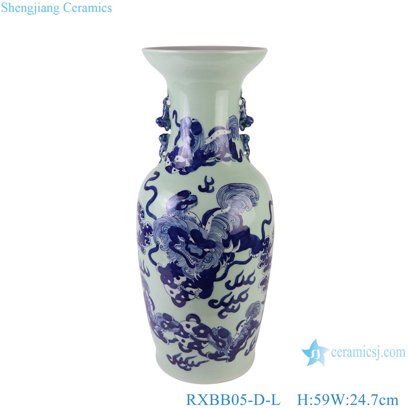 RXBB05-A-B-C-D Baby Playing flower and bird Phoenix, Lion Pattern Cyan Color Glazed Double Ear Ceramic Decorative Flower Vase