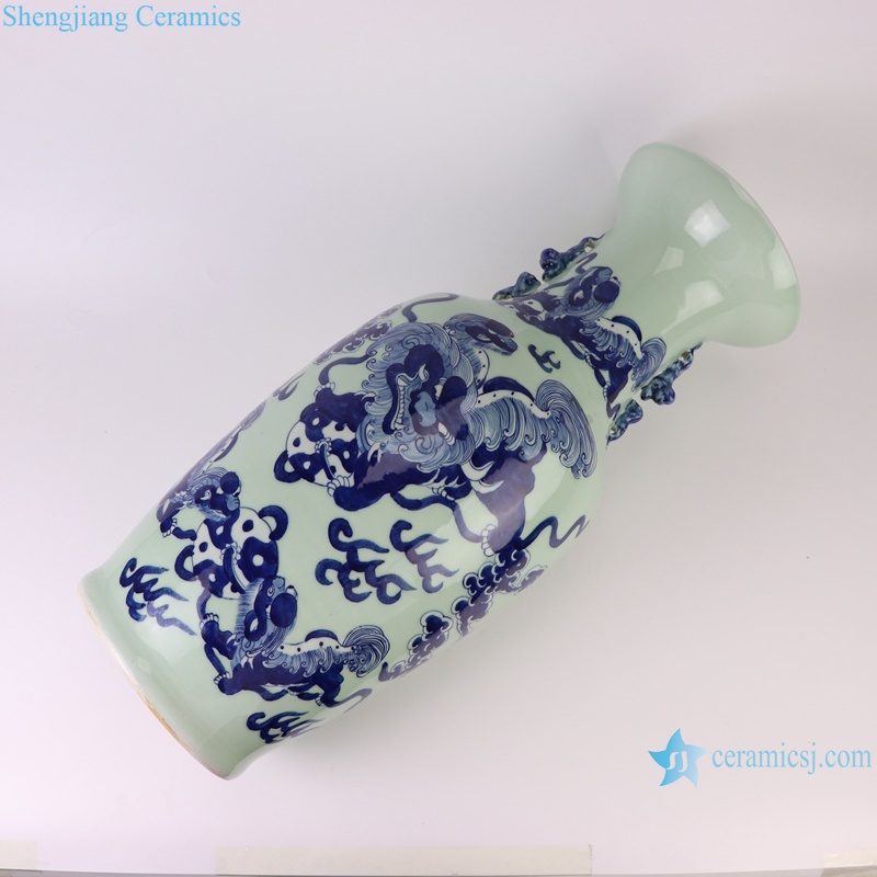 RXBB05-A-B-C-D Baby Playing flower and bird Phoenix, Lion Pattern Cyan Color Glazed Double Ear Ceramic Decorative Flower Vase