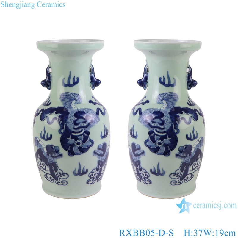 RXBB05-D-S Blue and white Porcelain Animal Lion Design Double Eears Ceramic flower vase for Decoration