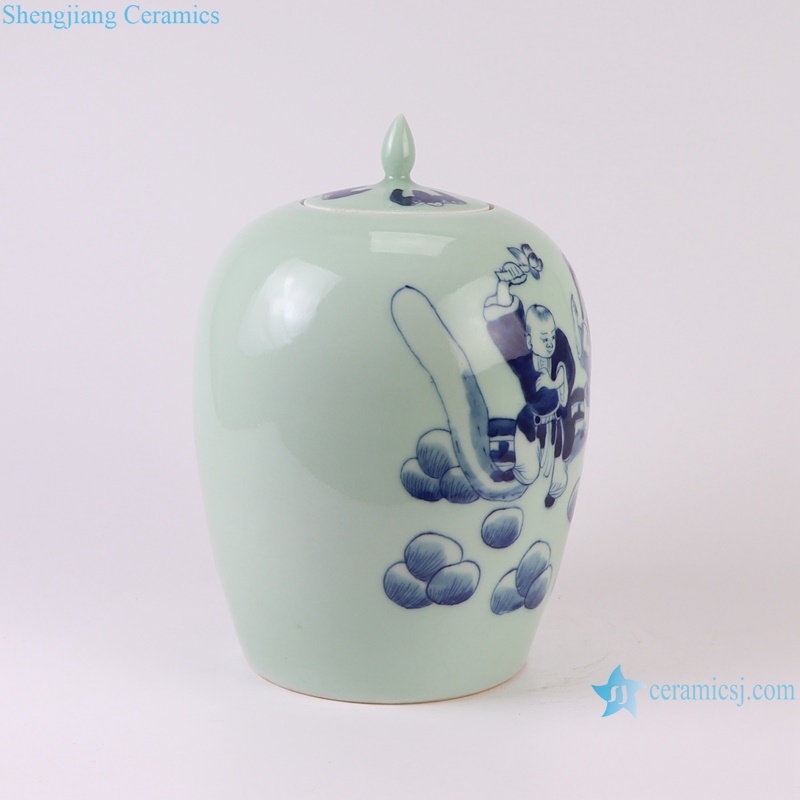 RXBB07-A Blue and White Porcelain Baby Playing Character Pattern Wax Gourd Ceramic Storage pot Lidded Jars