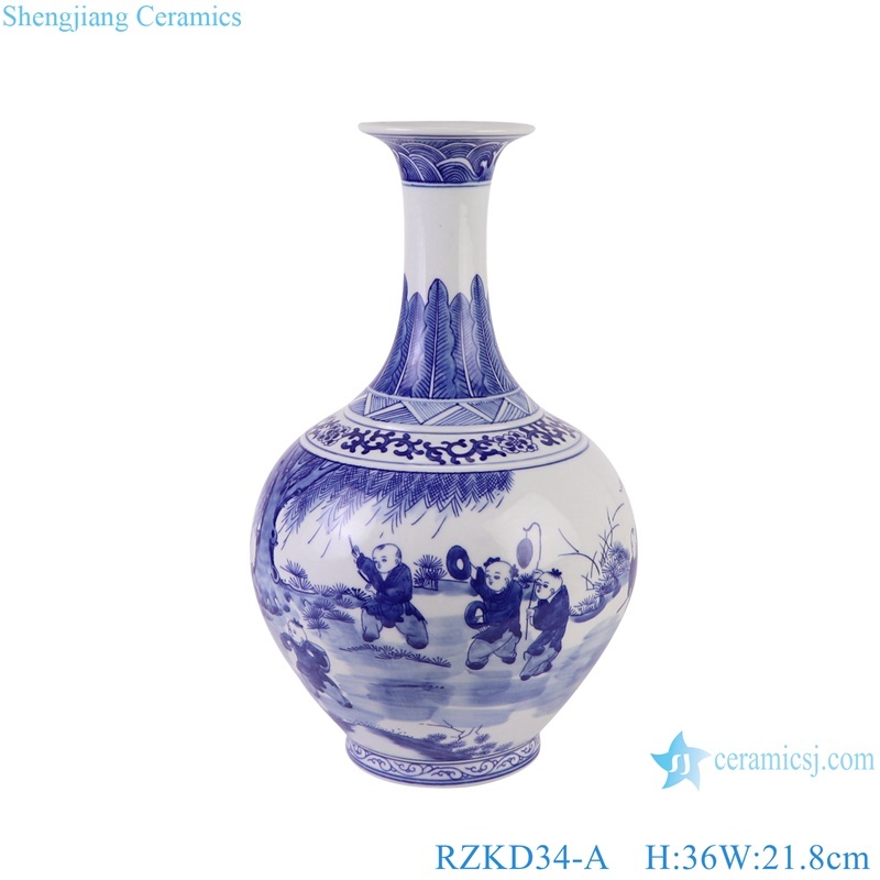 Blue and White Porcelain Baby Playing Landscape Pattern Tabletop Ceramic Flower Vase