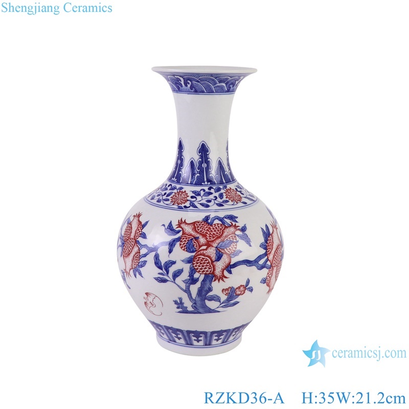 Blue and White Underglazed red Porcelain Pomegranate Pattern Decorative Ceramic Flower Vase