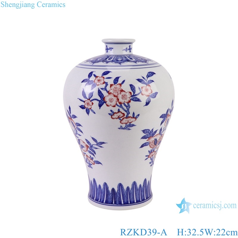 Blue and White Porcelain Under glazed Red Pomegranate Pattern Ceramic Decorative Plum Vase