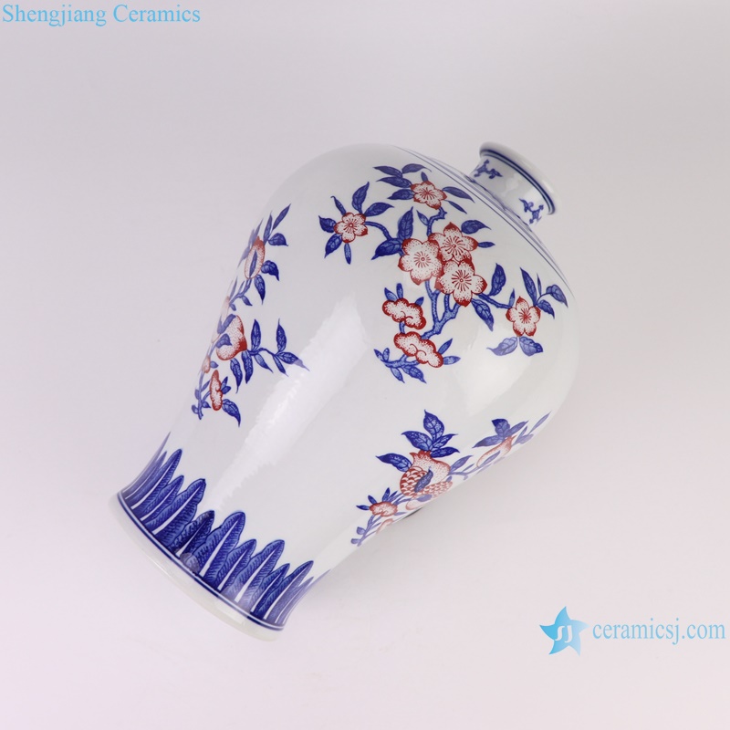 RZKD39-A-B Blue and White Porcelain Under glazed Red Pomegranate Pattern Ceramic Decorative Plum Vase