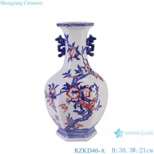 RZKD40-A Under glazed red Pomegranate Pattern Hexagonal Shape Ceramic Flower Vase