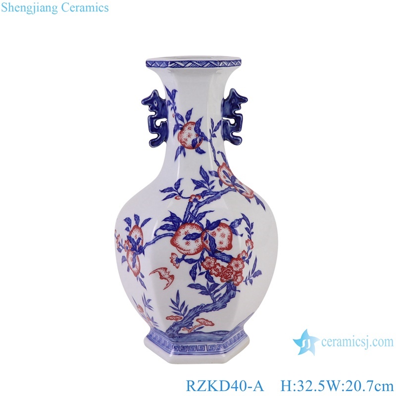 Under glazed red Pomegranate Pattern Hexagonal Shape Ceramic Flower Vase 