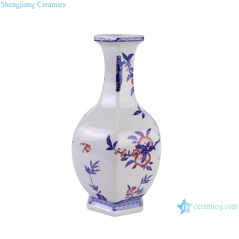RZKD40-A Under glazed red Pomegranate Pattern Hexagonal Shape Ceramic Flower Vase