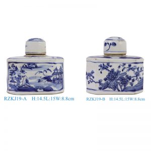 RZKJ19-A-B small size blue and white mountain water pattern and flower birds image six sides flat belly lid pot