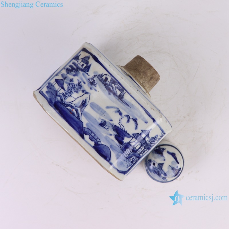 RZKJ19-A-B small size blue and white mountain water pattern and flower birds image six sides flat belly lid pot
