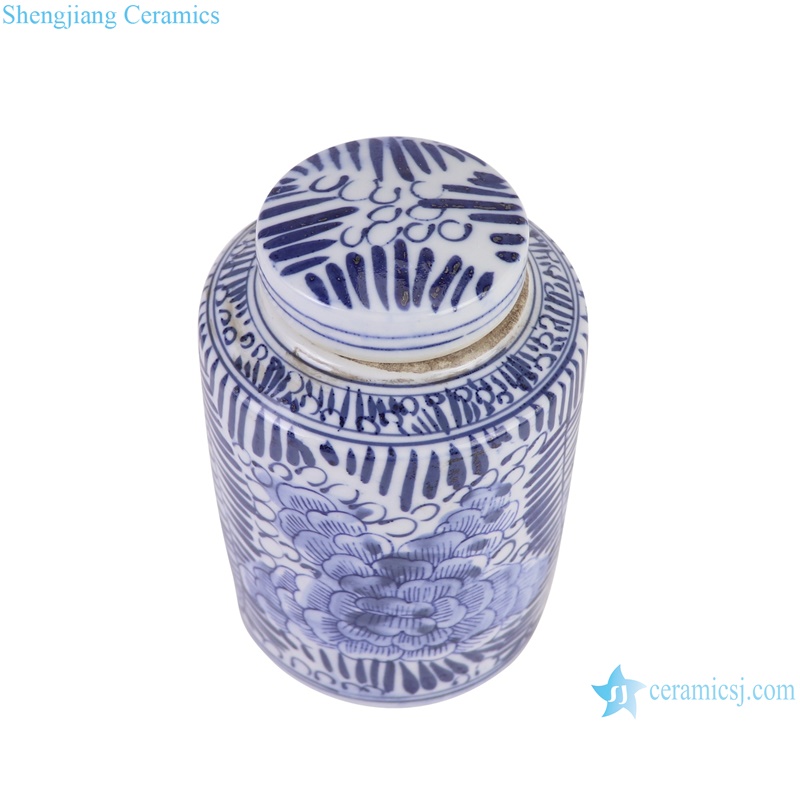 RZKT11-O Blue and white peony pattern cylinder shape ceramic tea caddy