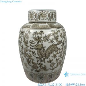 RXAE-FL22-310C Brown color Deer pattern Twisted flower Ceramic Pot Porcelain Flat lidded Jars