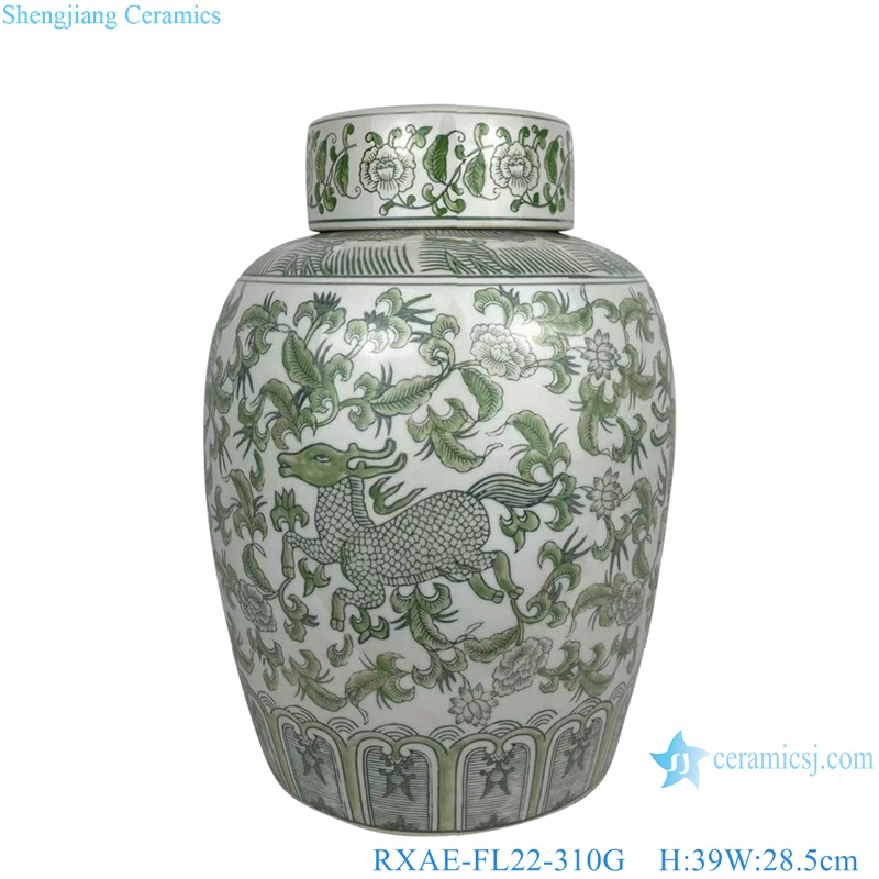RXAE-FL22-310G Green Twisted flower Deer pattern Ceramic Pot Porcelain Tea Canister