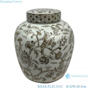 RXAE-FL22-311C Brown Flower and Bird Pattern Ceramic Flat pot Lidded Jars