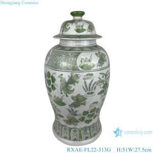 RXAE-FL22-313G Green Fish Lines and Flower patterns Ceramic Large Pot Lidded Ginger Jars