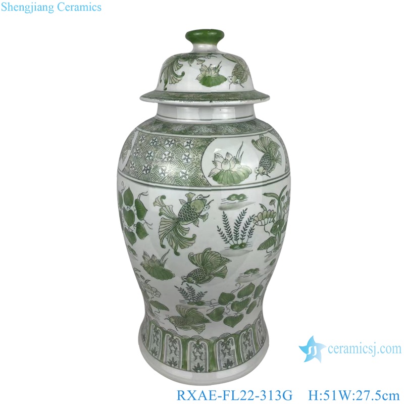 RXAE-FL22-313G Green Fish Lines and Flower patterns Porcelain Lidded Ginger Jars