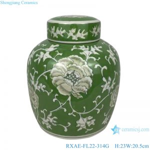 RXAE-FL22-314G Green Color Glazed Peony pattern Round shape Flat Jar
