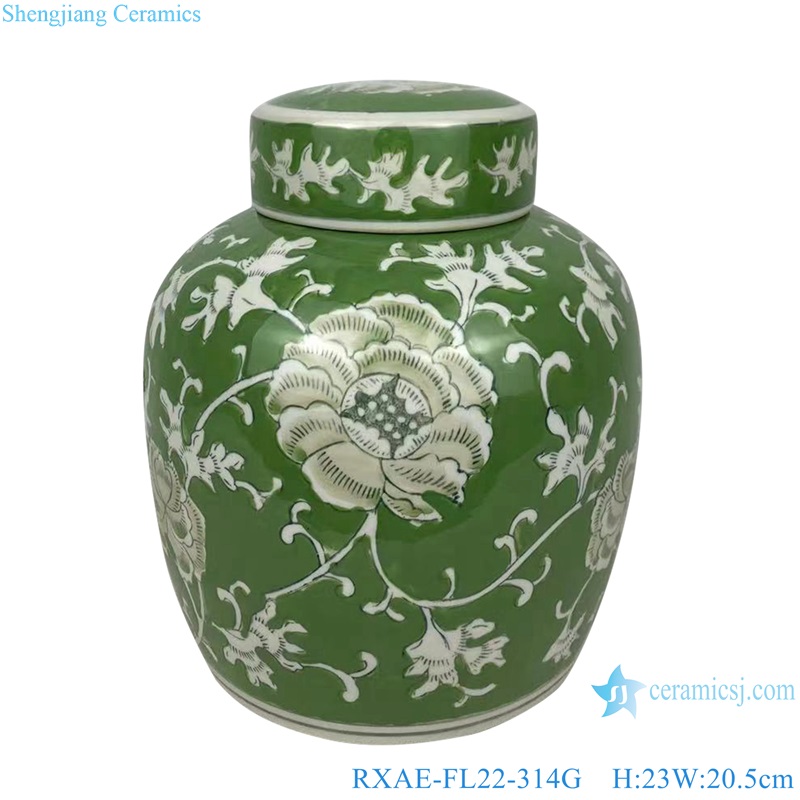 RXAE-FL22-314G Green color glazed Peony flower pattern Round shape Flat Jar Tea Canister