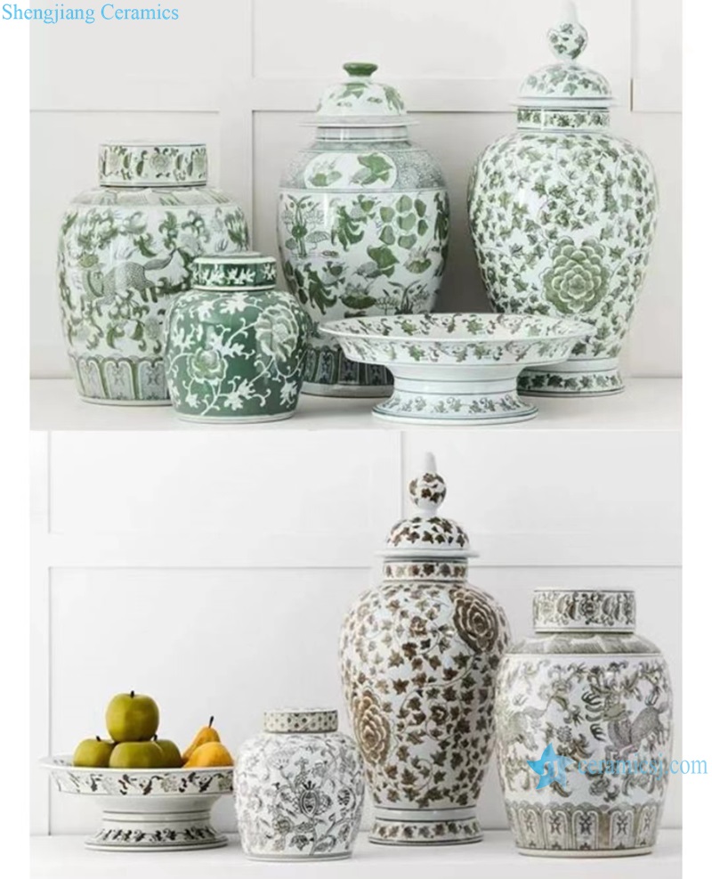 Green and Brown Color Flower and Bird Pattern Porcelain Lidded Jars - Scenarios