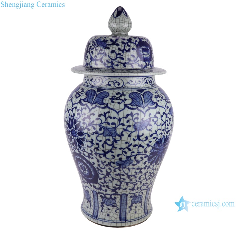RXAH04 Antique Hand-Painted Tangling Lotus Pattern Ice Crack Porcelain Gingers Jar with Lid