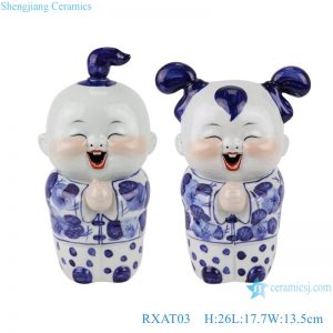 RXAT03 The blue and White Baby Doll sculpture May you be happy and prosperous ceramic statue